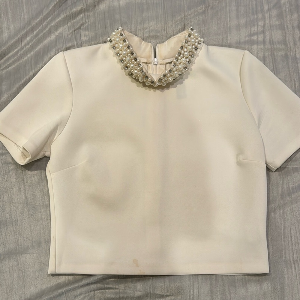 White Pearl Neck Crop Top